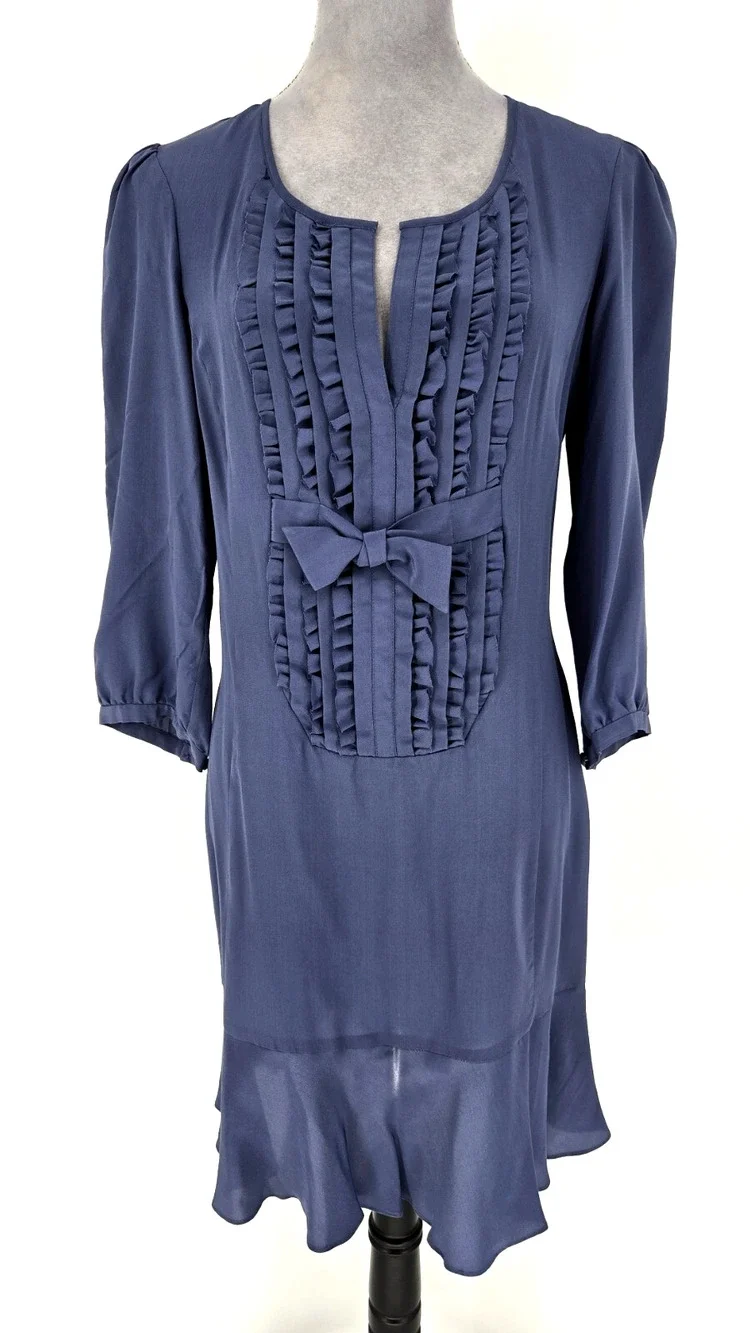 Nanette Lepore Dress Womens 8 Blue Silk Ruffle Front Back Zip Bow Gypsy Colt New
